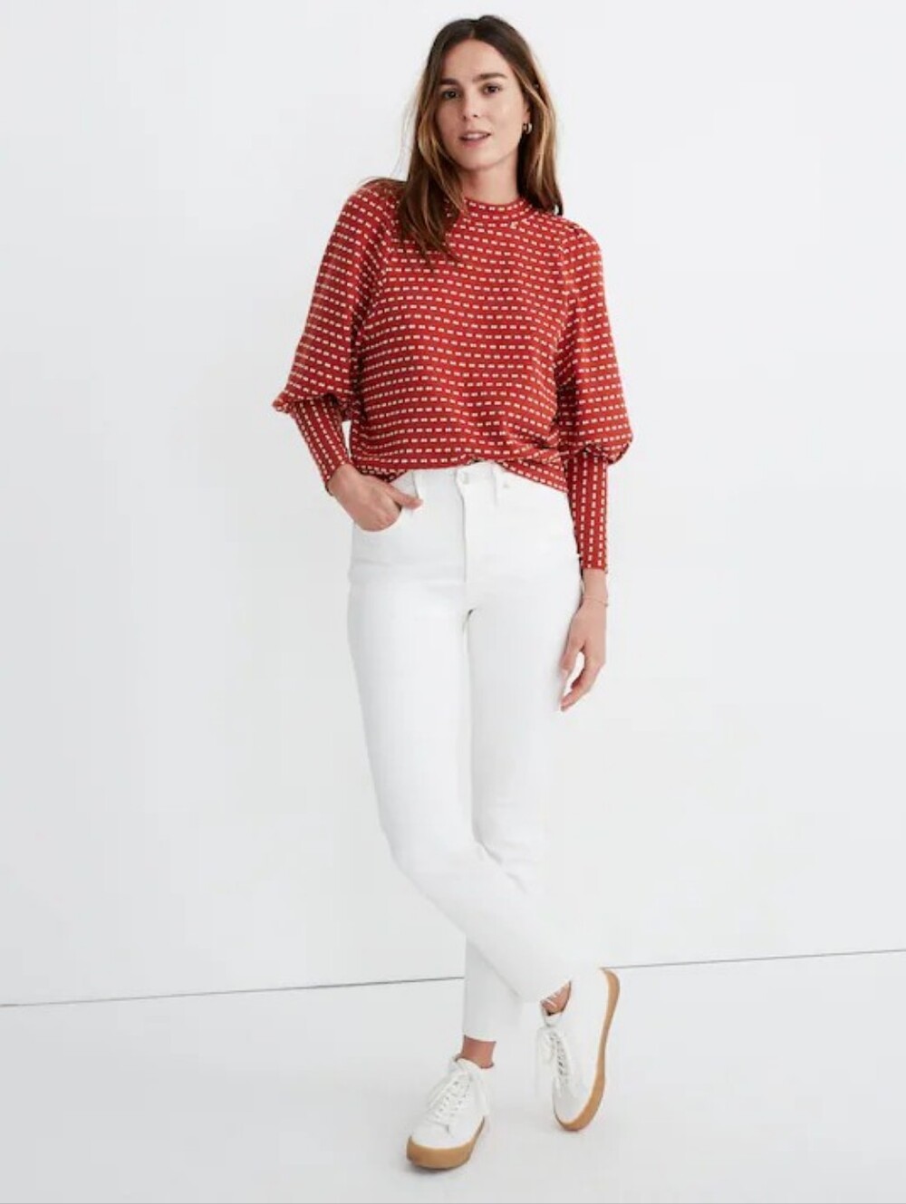 Madewell Rust Red Patterned Puff-Sleeve Mock Neck Top